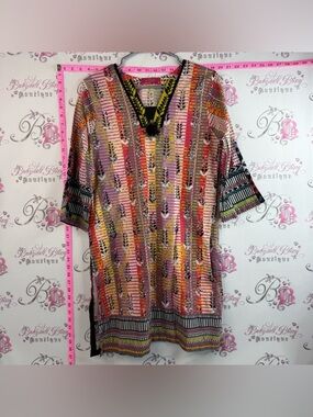 Dress Colorful Vibrant Printed or Mid Sleeve Tunic with V-Neck Trim Aztec
